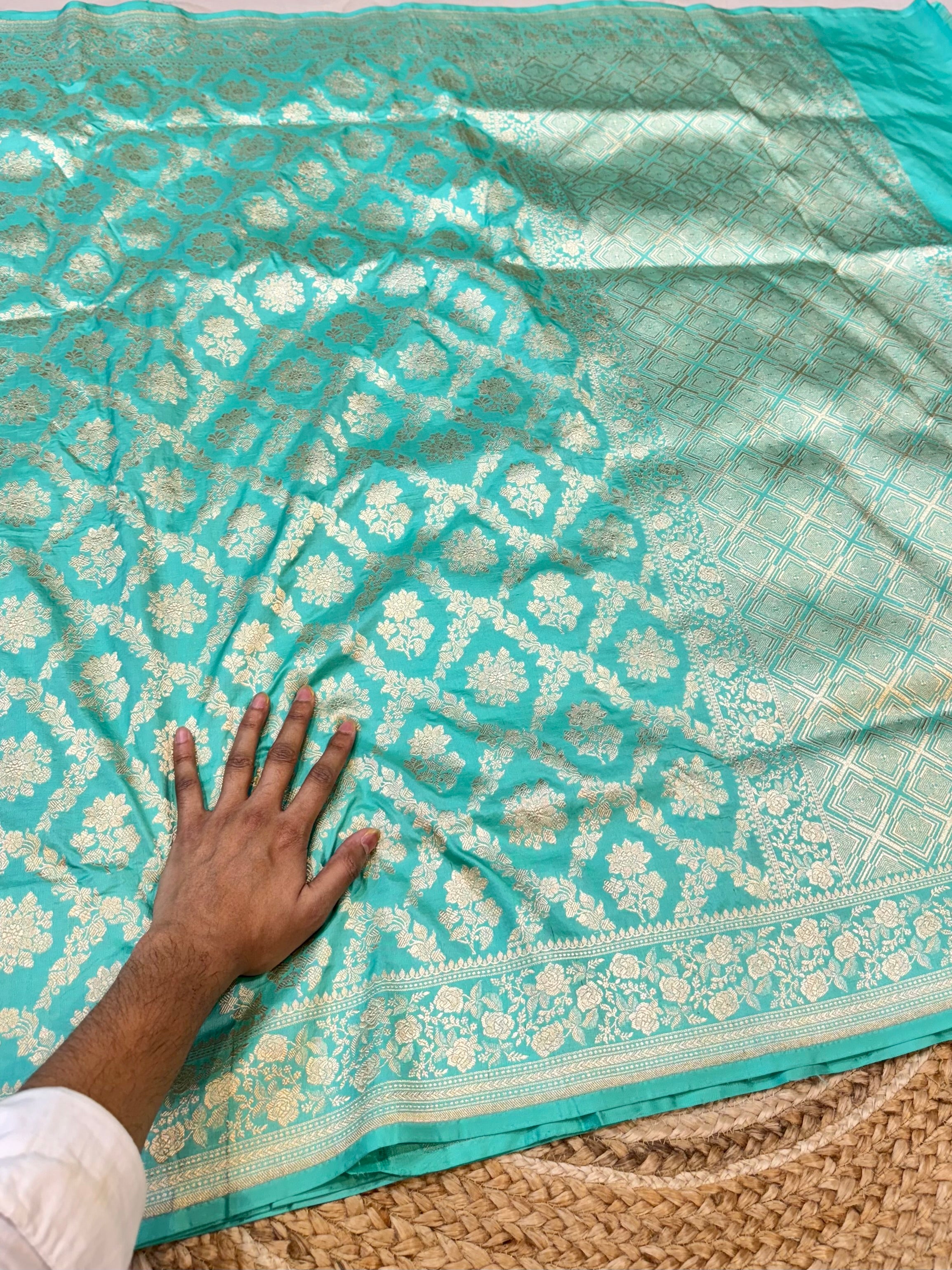 Cyan Blue 100% Pure Banarasi Katan Silk Saree