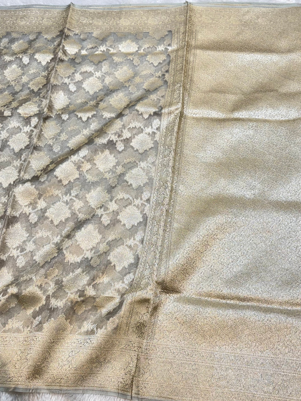 Diamond Grey 100% Pure Tissue Silk Banarasi Partywear Saree