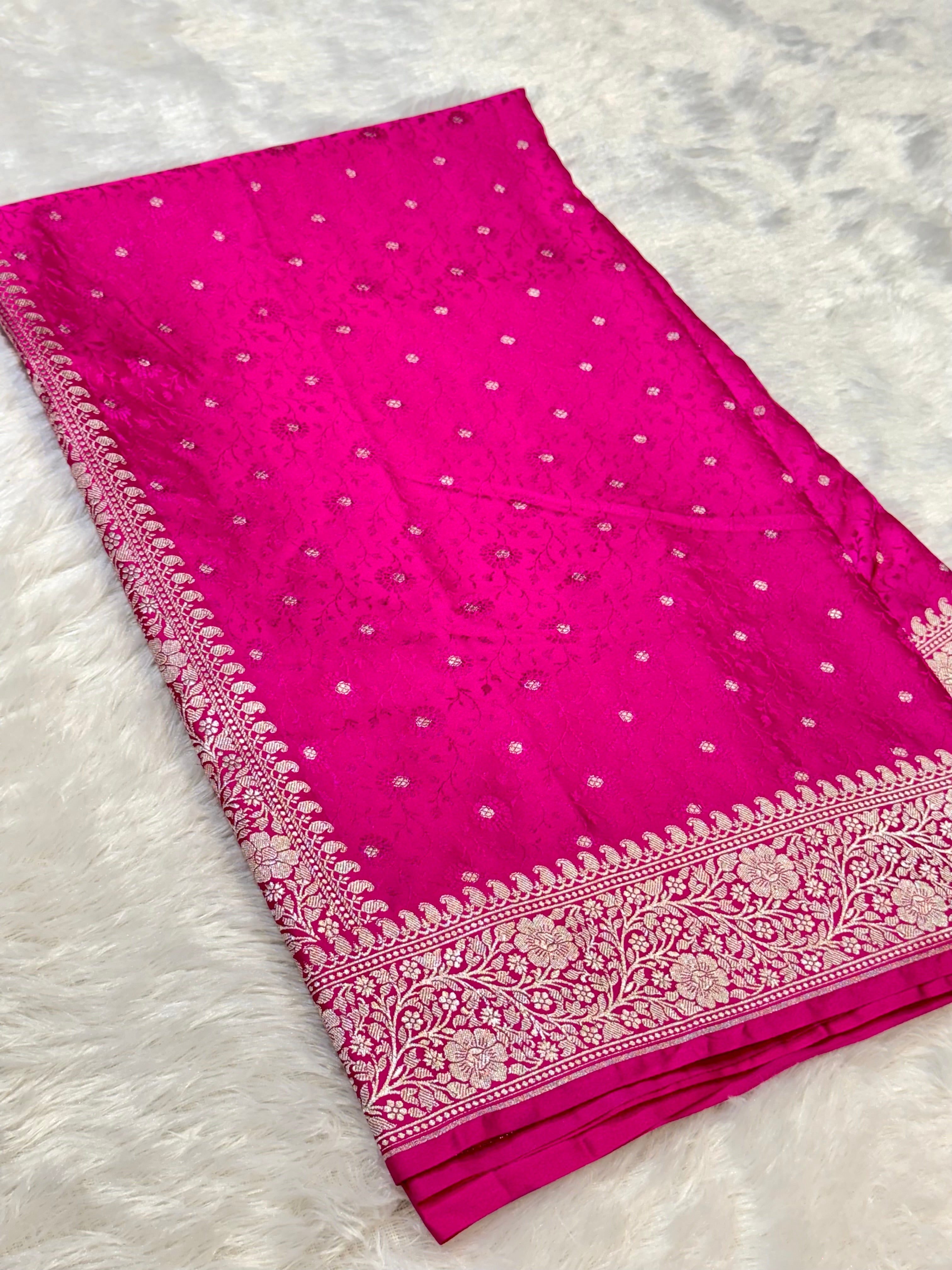 Rani Pink Banarasi Soft Meenakari Mashru Silk Partywear Saree