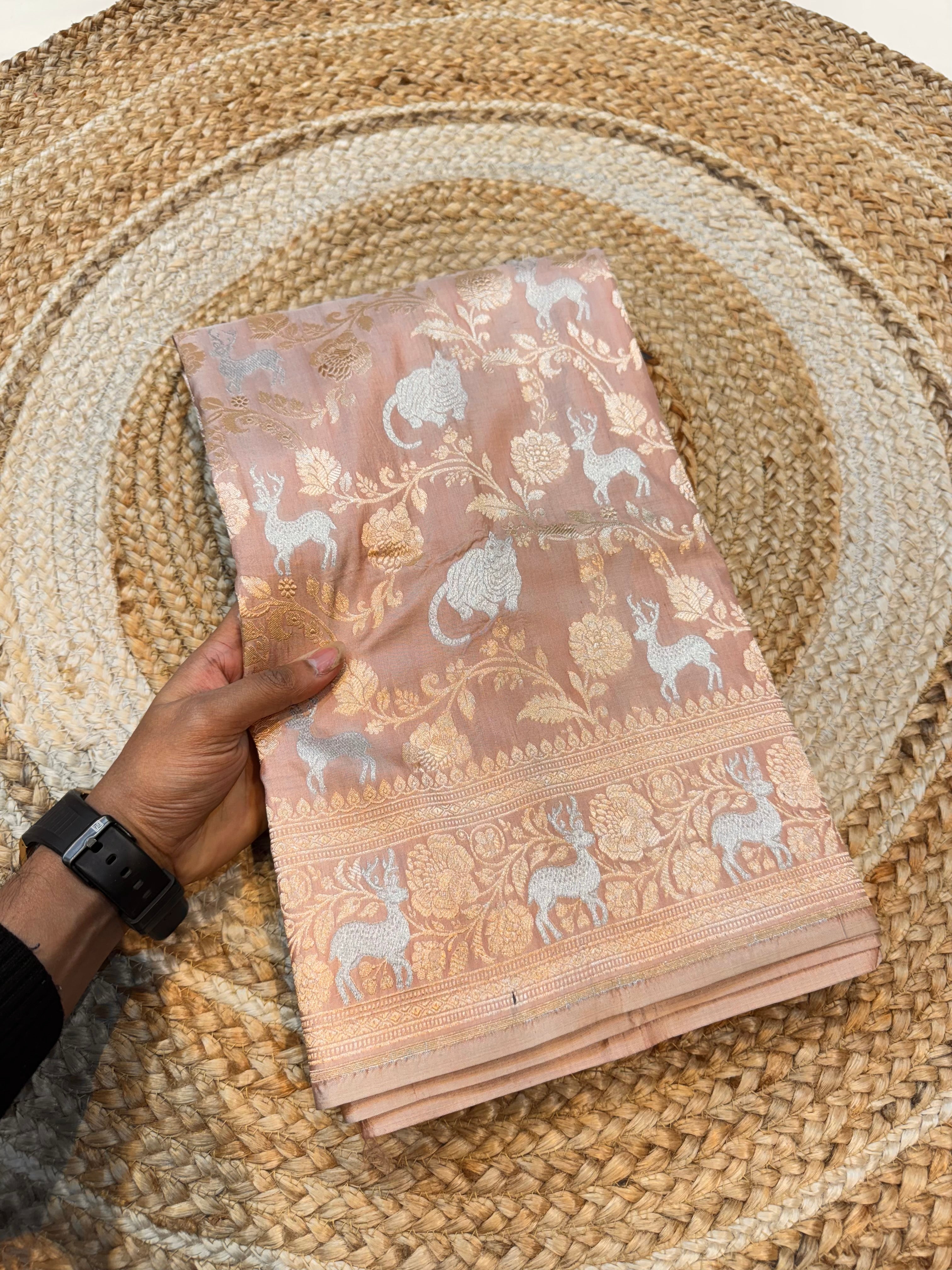 Beige 100% Pure Banarasi Katan Silk Meenakari Saree