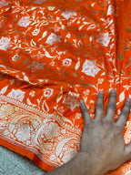 Prebook | Fanta Orange 100% Pure Banarasi Katan Silk Meenakari Saree