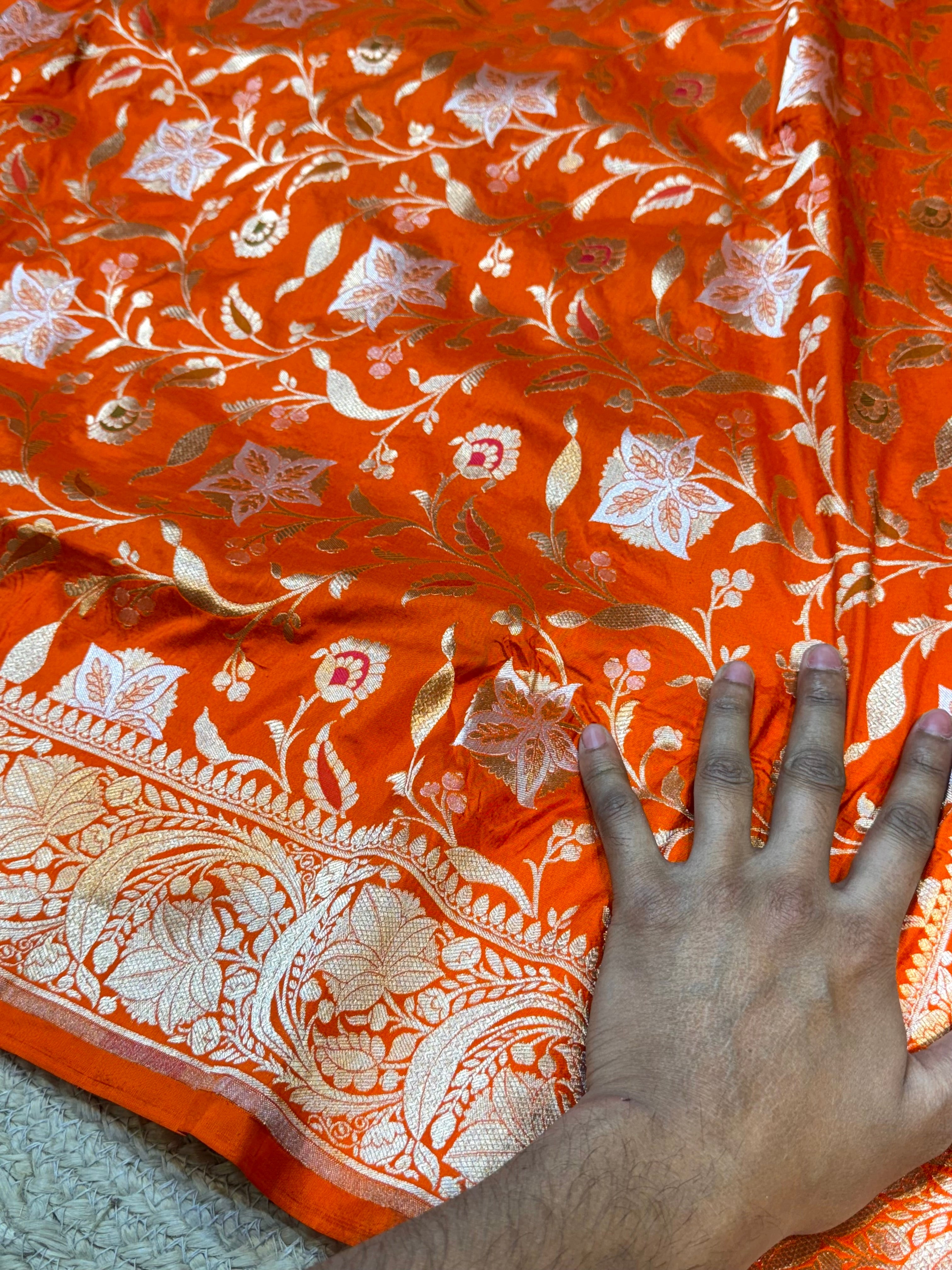 Prebook | Fanta Orange 100% Pure Banarasi Katan Silk Meenakari Saree