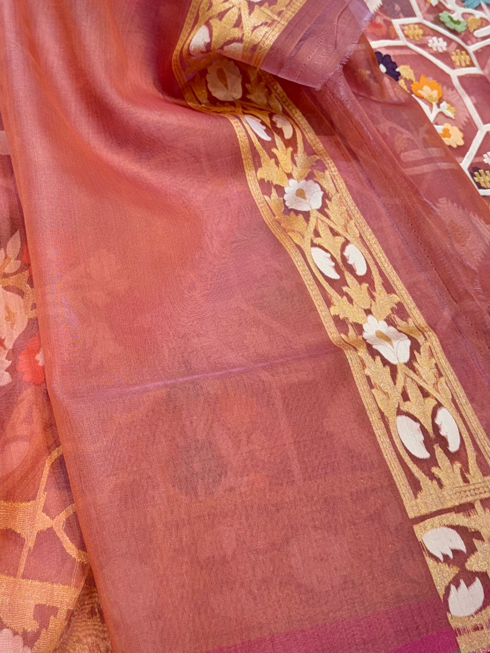 Pastel Peach 100% Pure Ektara Banarasi Kora Jamdani Saree