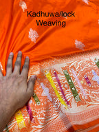 Fanta Orange 100% Pure Banaras Katan Silk Handloom Handwoven Pattu Saree