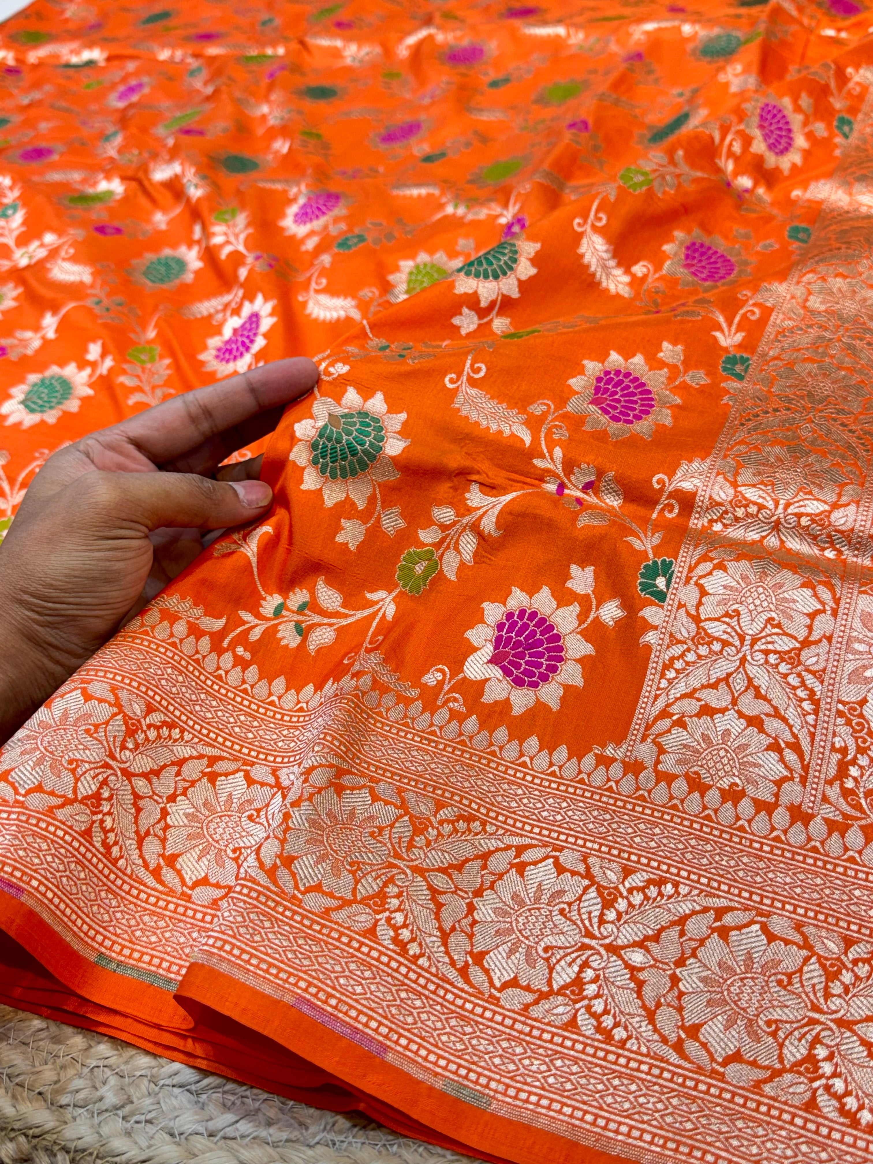 Fanta Orange 100% Pure Banarasi Katan Silk Meenakari Saree