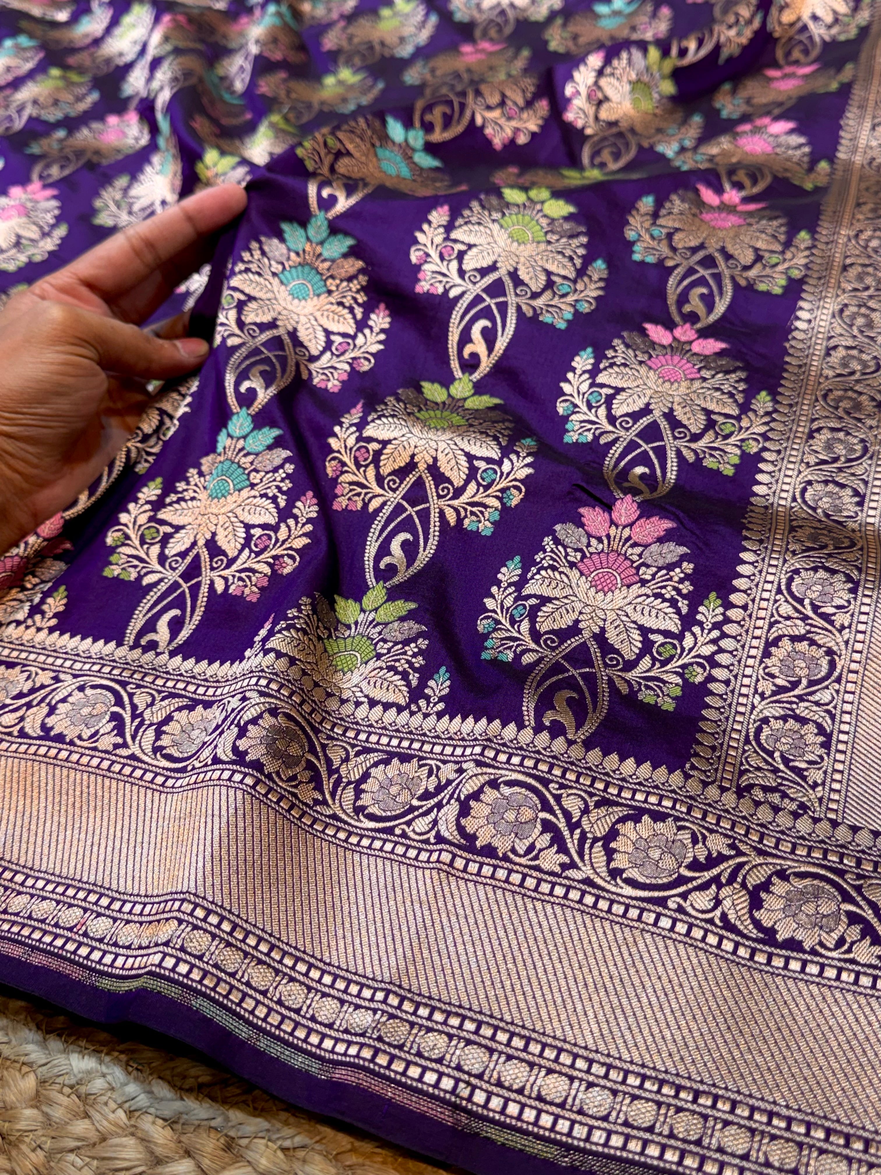 Violet Purple 100% Pure Banarasi Katan Silk Meenakari Saree