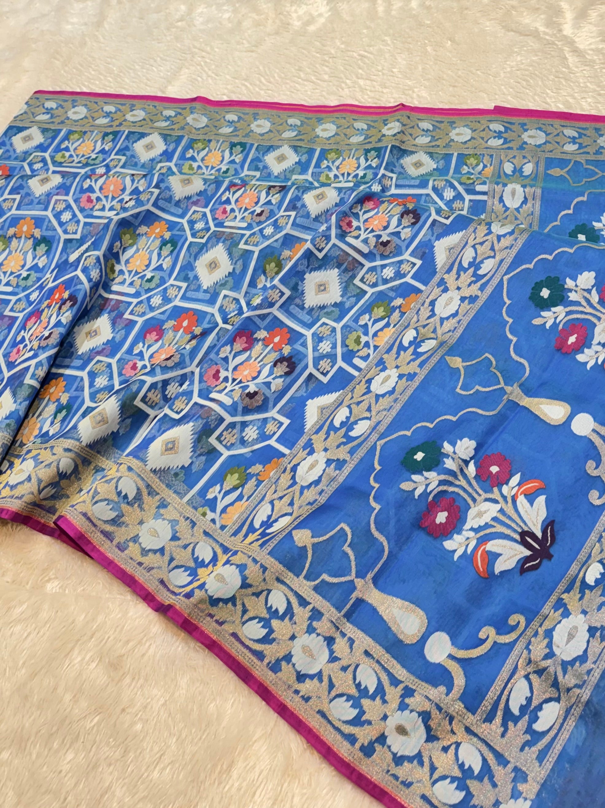 Blue 100% Pure Ektara Banarasi Kora Jamdani Saree