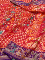 Strawberry Pink Pure Handloom Banarasi Ektara Kora Jamdani Saree