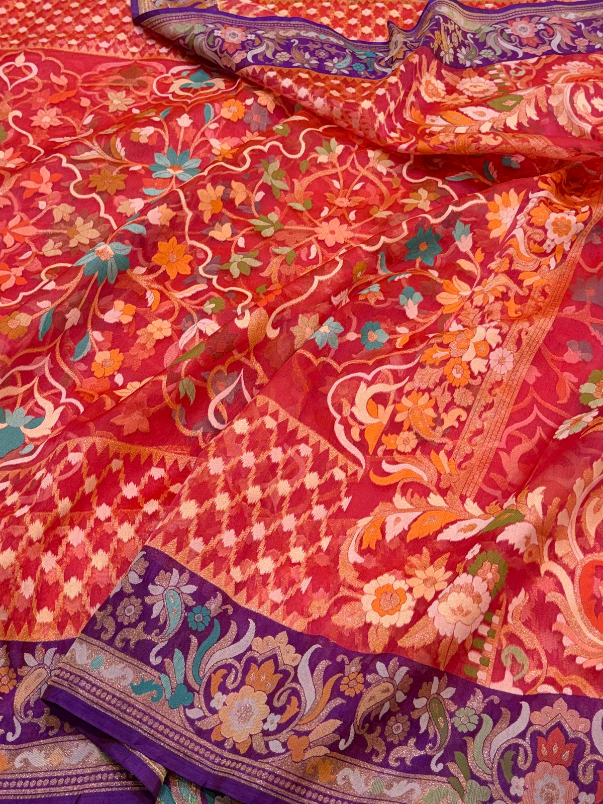 Strawberry Pink Pure Handloom Banarasi Ektara Kora Jamdani Saree
