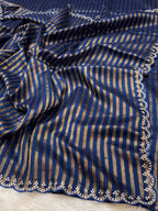 Dark Blue 100% Pure Handloom Mul Cotton Stripes Tissue Silk Partywear Banarasi Embroidery Lightweight Sarees