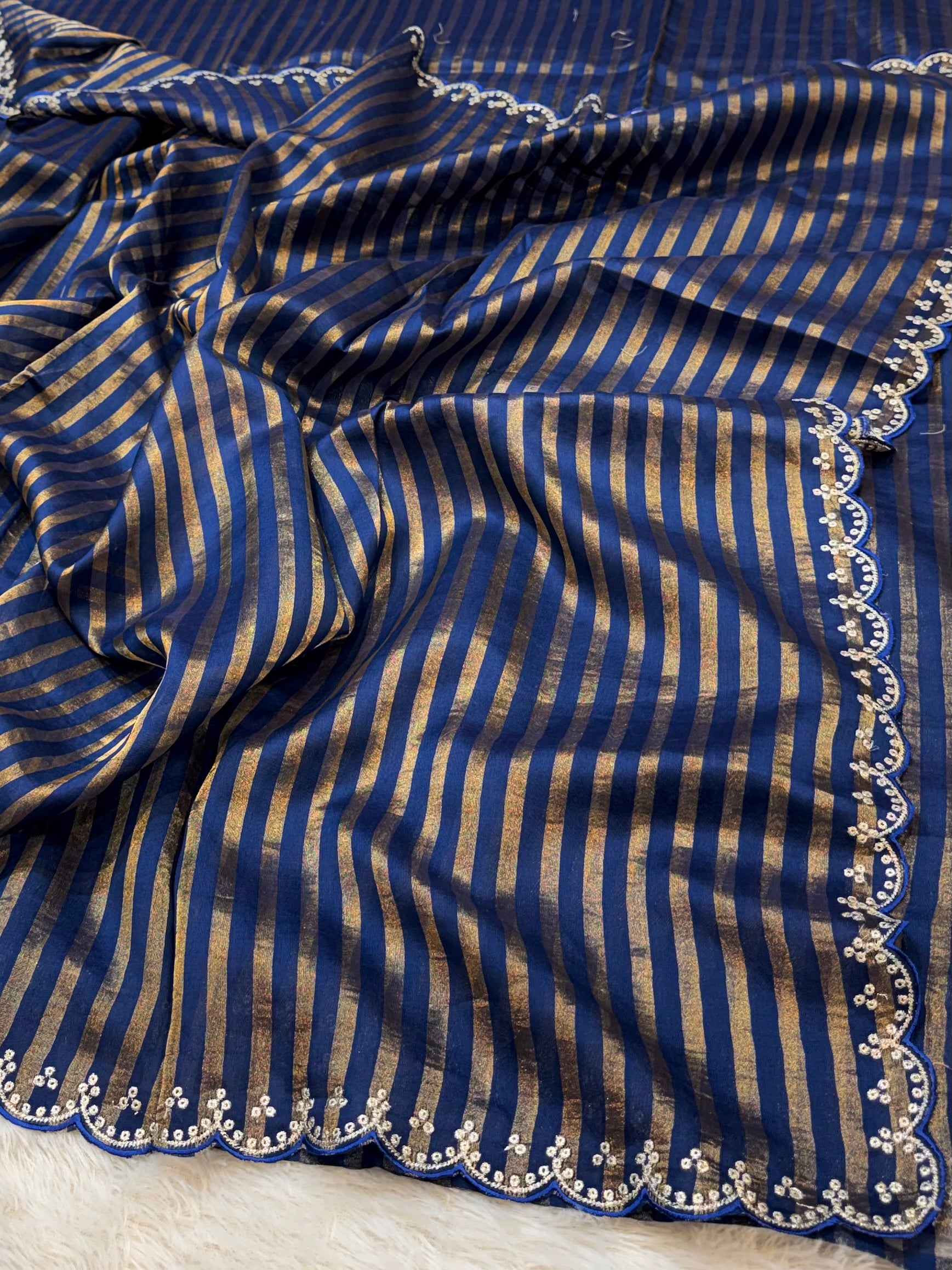Dark Blue 100% Pure Handloom Mul Cotton Stripes Tissue Silk Partywear Banarasi Embroidery Lightweight Sarees