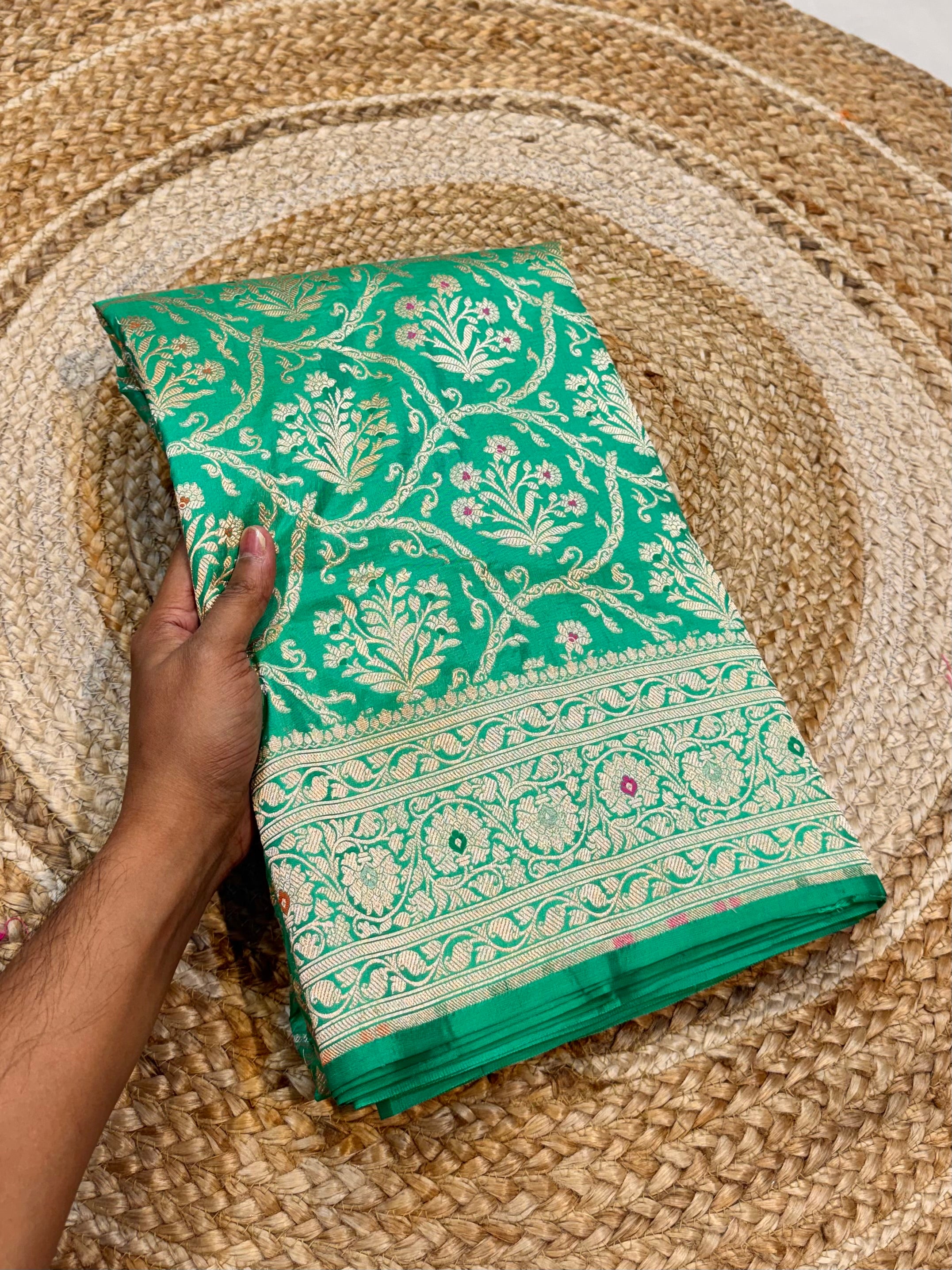 Sea Green 100% Pure Banarasi Katan Silk Meenakari Saree