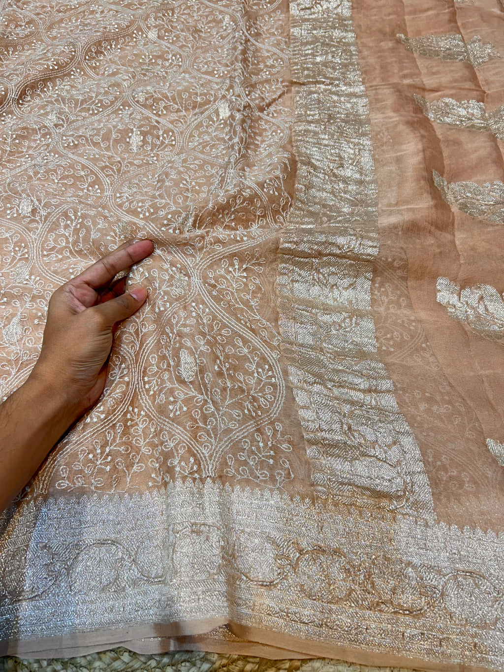 Beige 100% Pure Khaddi Georgette Silver Zari ChikanKari Handloom Saree
