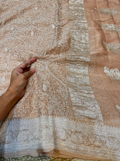 Beige 100% Pure Khaddi Georgette Silver Zari ChikanKari Handloom Saree