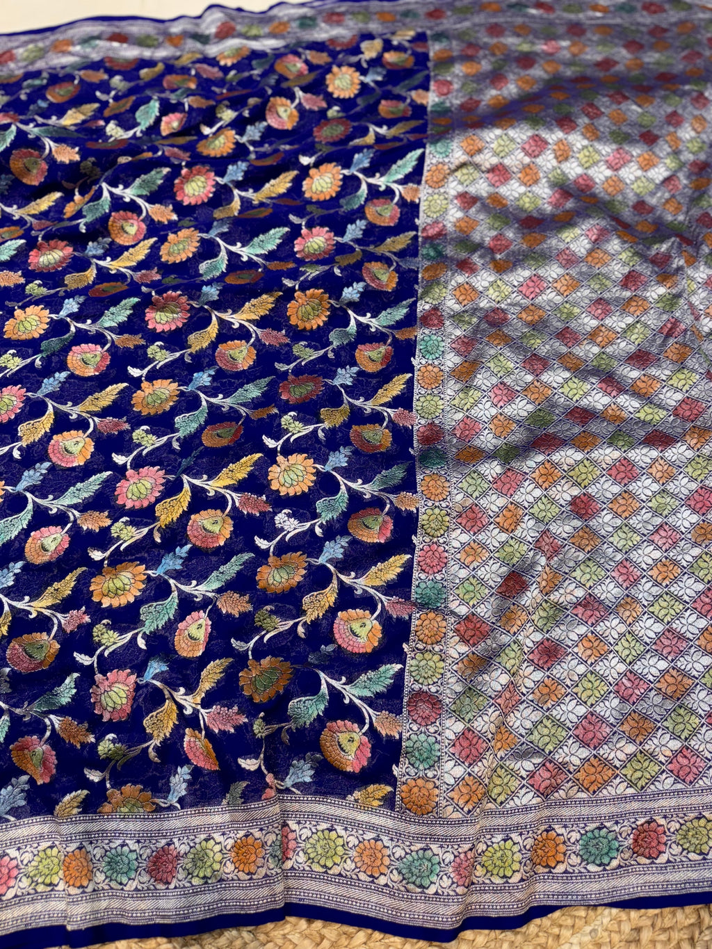 Royal Blue 100% Pure Banarasi Khaddi Georgette Meenakari Saree