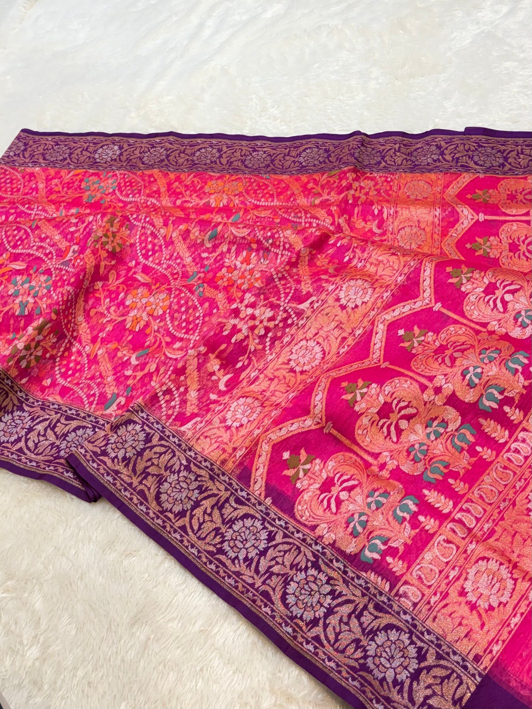 Rani Pink 100% Pure Ektara Banarasi Kora Jamdani Saree
