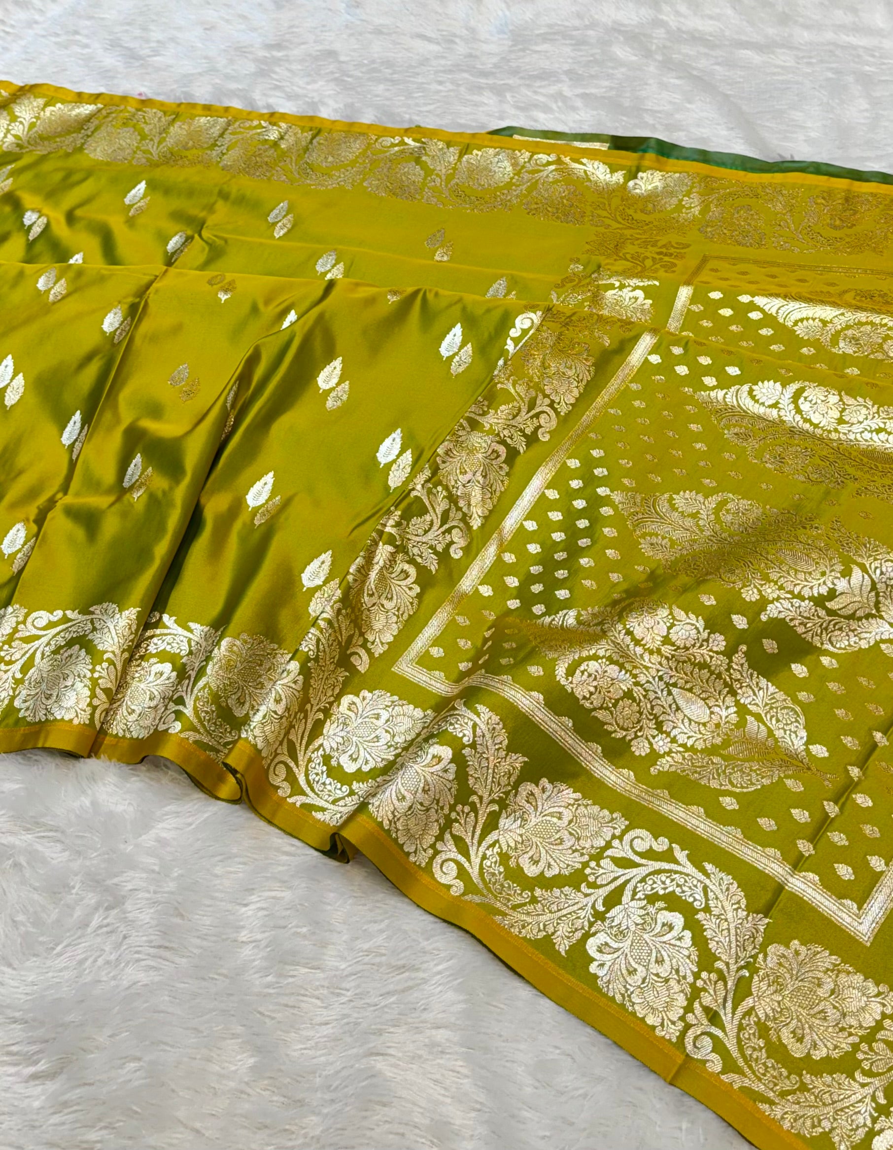 Olive Green Banarasi Soft Meenakari Mashru Silk Partywear Saree