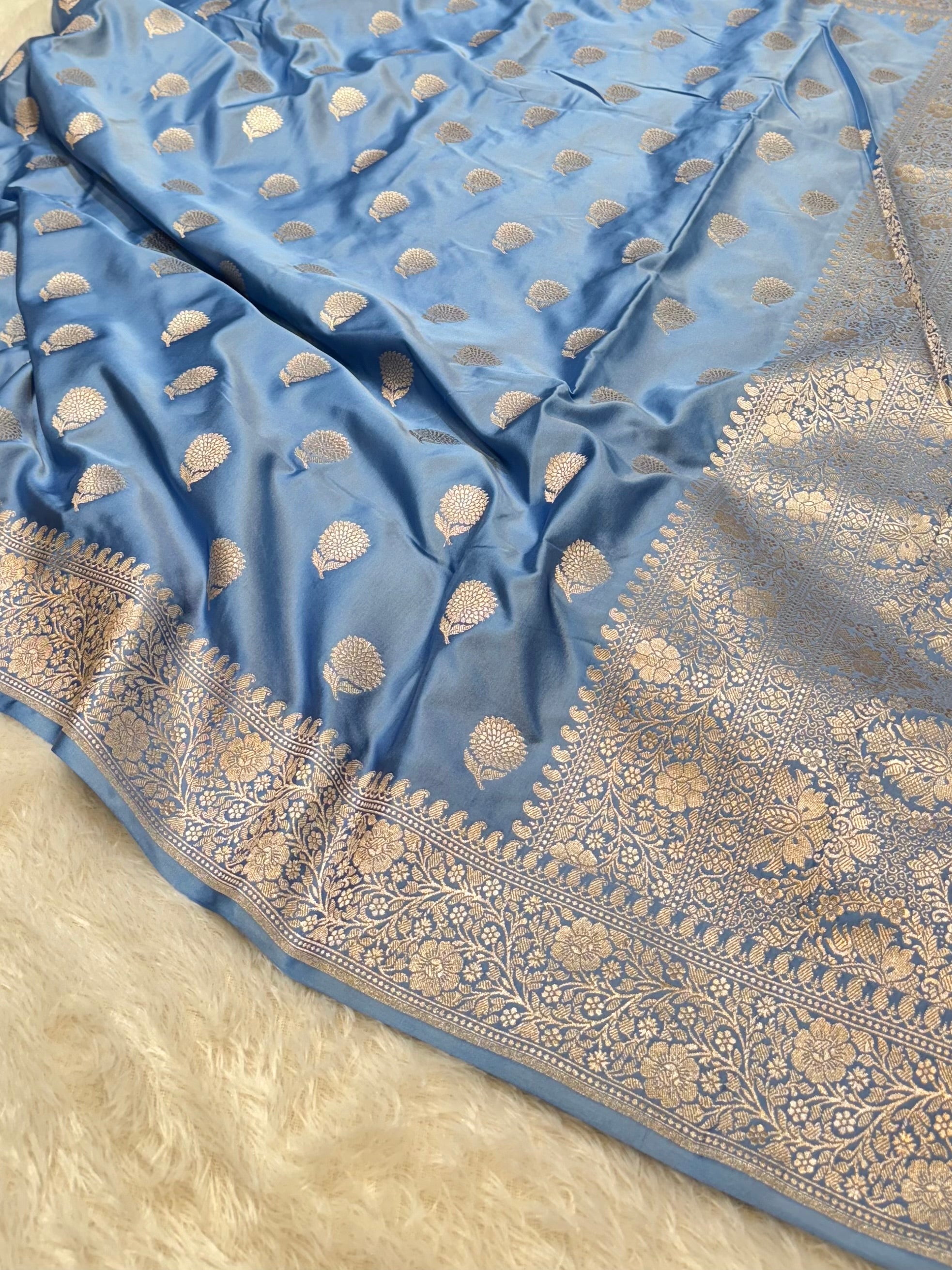 Powder Blue Banarasi Soft Mashru Silk Partywear Saree