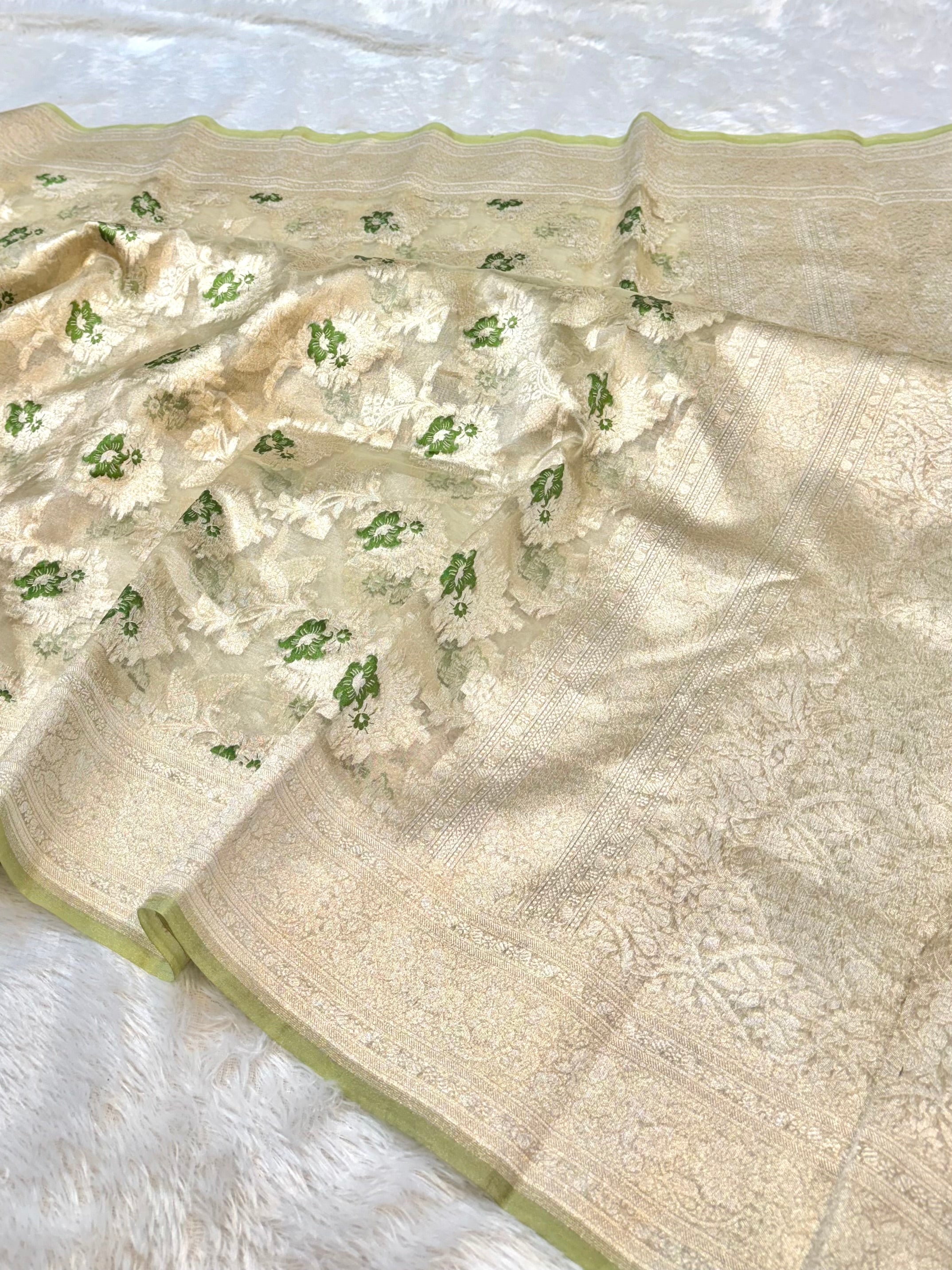 Diamond Green 100% Pure Tissue Silk Banarasi Partywear Saree