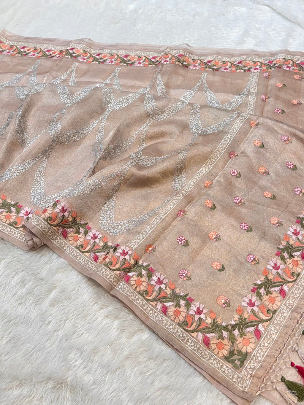 Watery Beige 100% Pure Handloom Tissue Silk Partywear Banarasi Embroidery Lightweight Saree