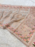 Watery Beige 100% Pure Handloom Tissue Silk Partywear Banarasi Embroidery Lightweight Saree