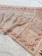 Watery Beige 100% Pure Handloom Tissue Silk Partywear Banarasi Embroidery Lightweight Saree