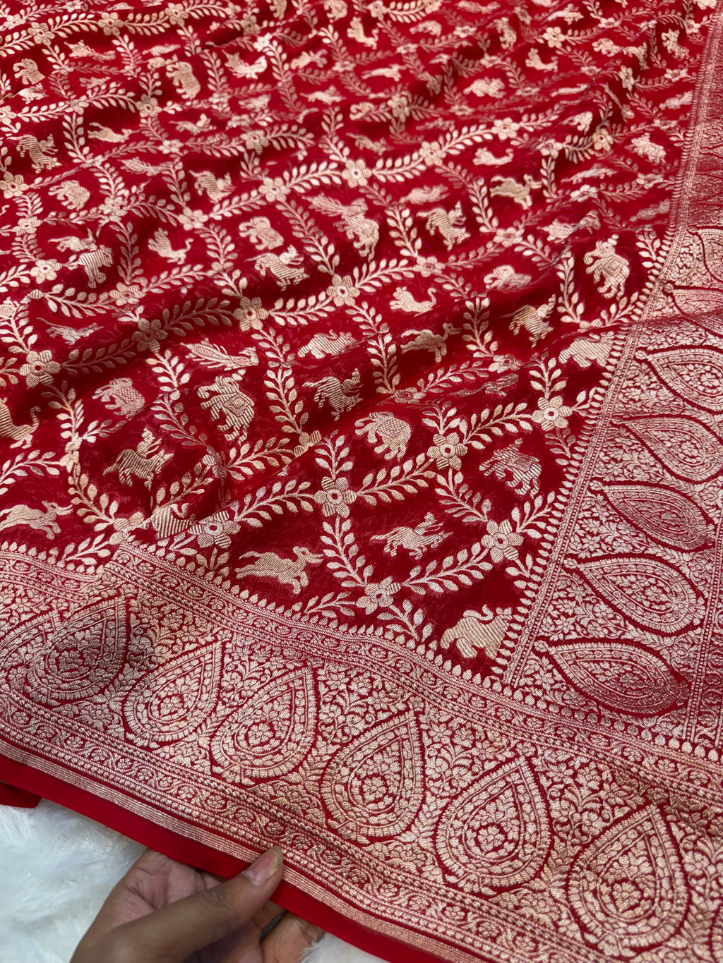 Red 100% Pure Khaddi Georgette SHIKARGAH Saree