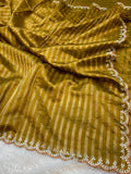 Olive 100% Pure Handloom Mul Cotton Stripes Tissue Silk Partywear Banarasi Embroidery Lightweight Sarees