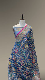 German Blue 100% Pure Ektara Banarasi Kora Jamdani Saree