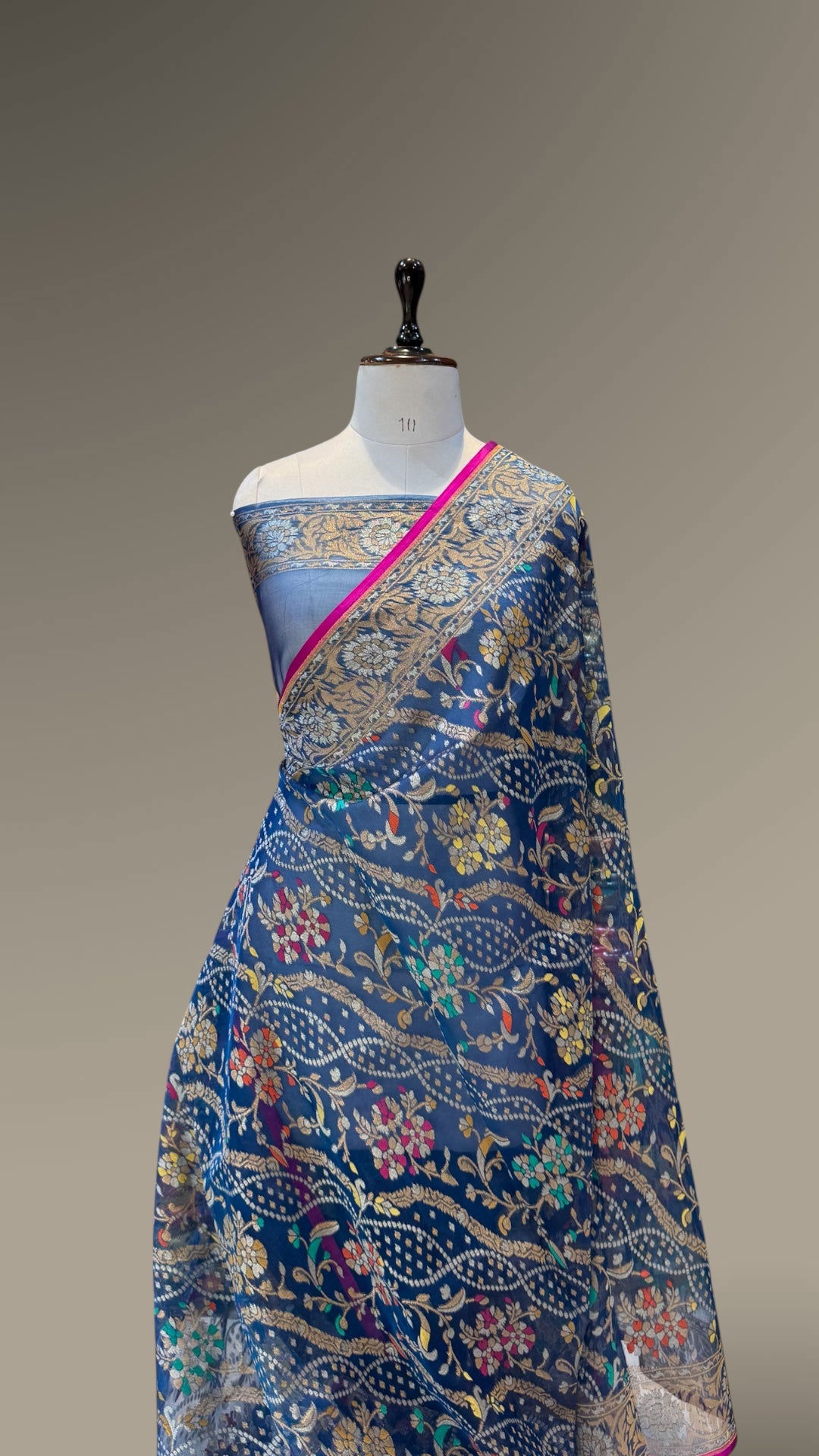 German Blue 100% Pure Ektara Banarasi Kora Jamdani Saree