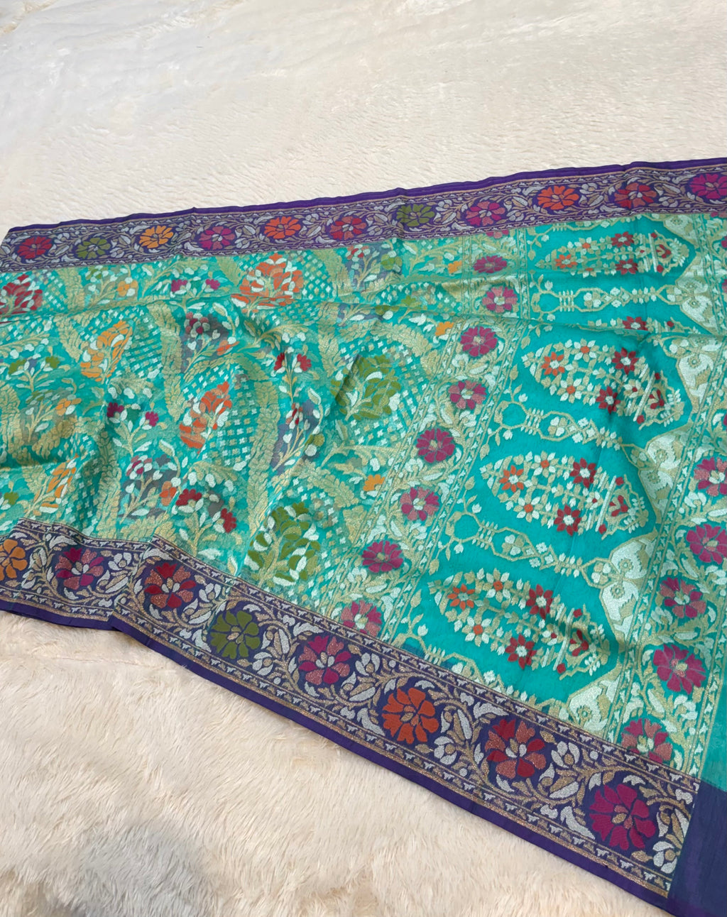 Ice Blue 100% Pure Ektara Banarasi Kora Jamdani Saree