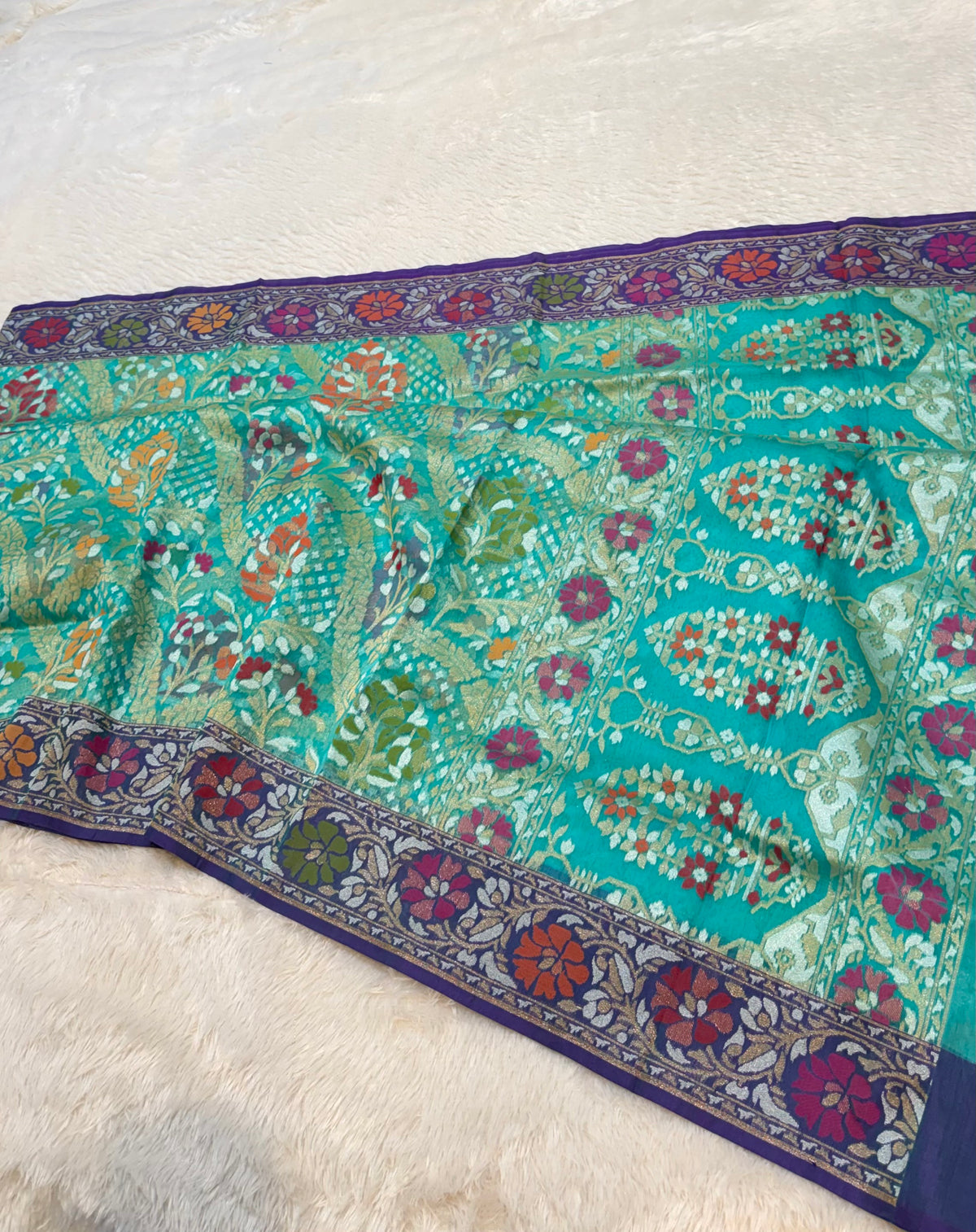 Ice Blue 100% Pure Ektara Banarasi Kora Jamdani Saree