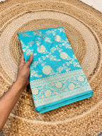Cyan Blue 100% Pure Banarasi Katan Silk Saree