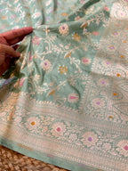 Prebook | Pastel Sage Green 100% Pure Banarasi Katan Silk Meenakari Saree