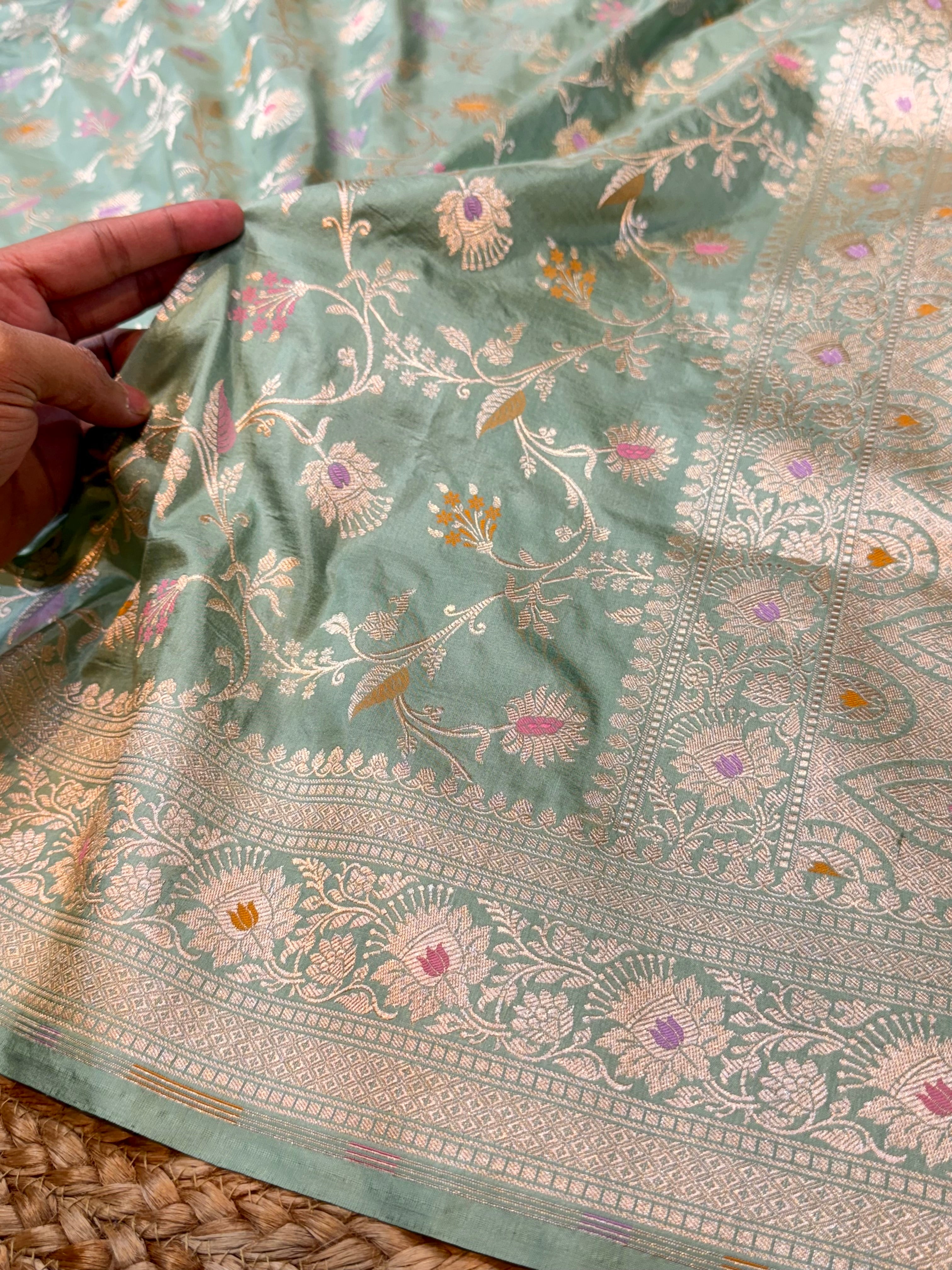 Pastel Sage Green 100% Pure Banarasi Katan Silk Meenakari Saree