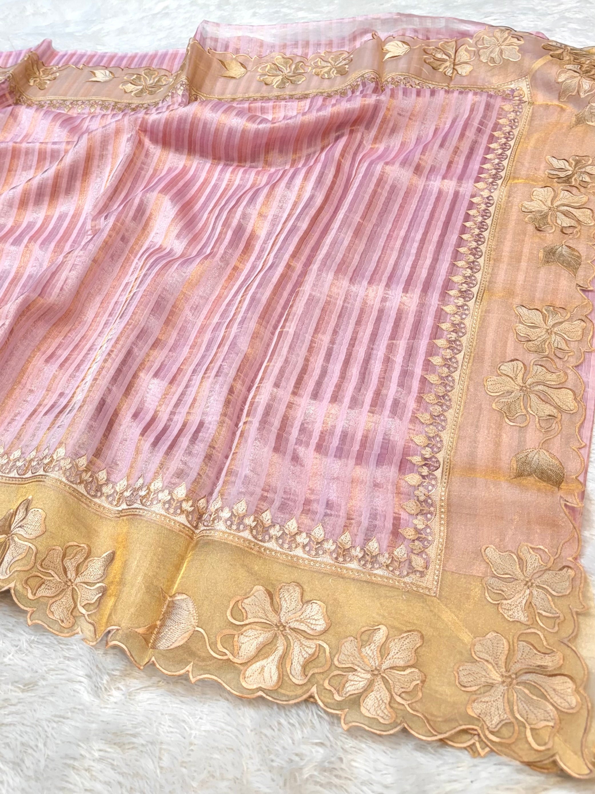 Pastel Pink 100% Pure Handloom Stripes Tissue Silk Partywear Banarasi Embroidery Lightweight Sarees