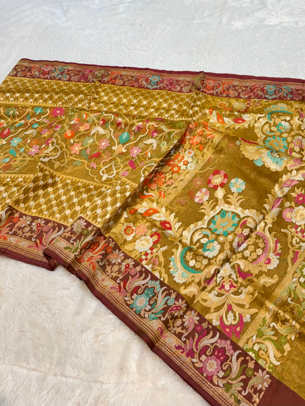 Olive Green 100% Pure Ektara Banarasi Kora Jamdani Saree