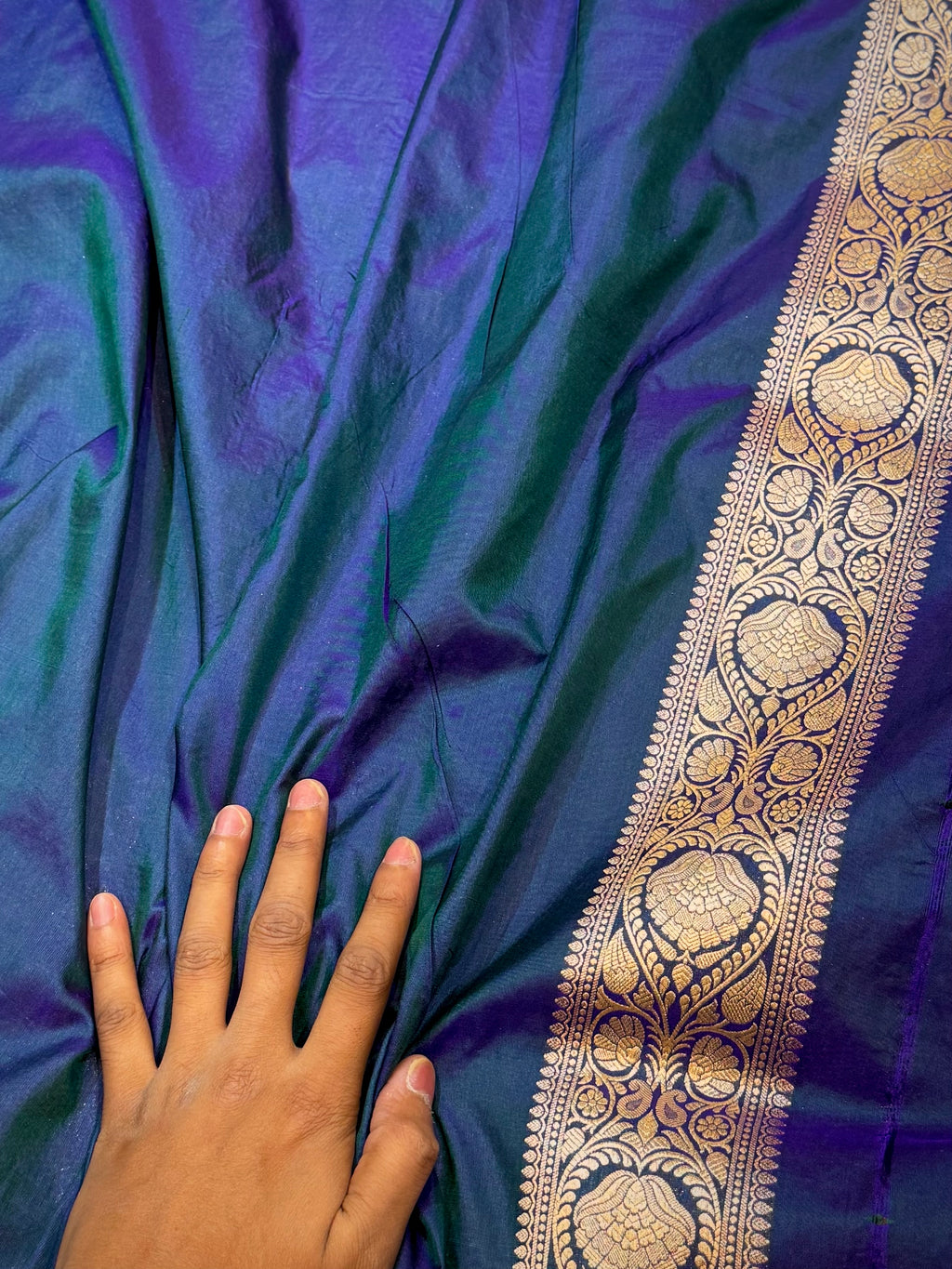 Dual Shade Peacock Blue Pure Banarasi Katan Silk Saree