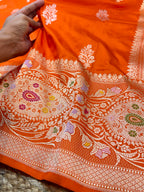 Fanta Orange 100% Pure Banaras Katan Silk Handloom Handwoven Pattu Saree