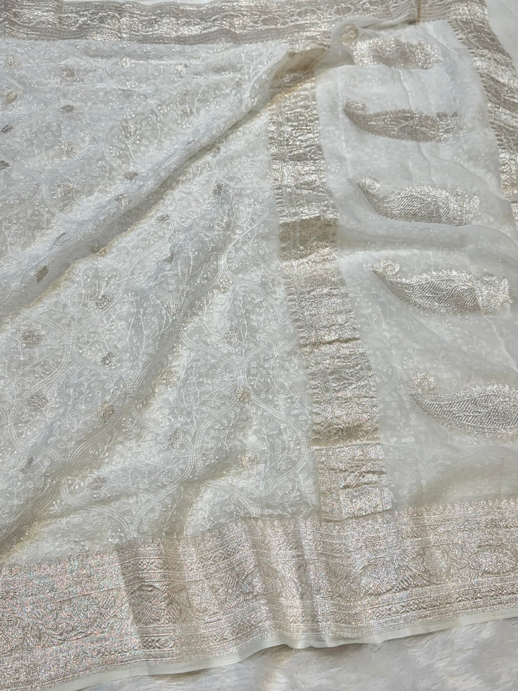Milky White 100% Pure Khaddi Georgette Silver Zari ChikanKari Handloom Saree