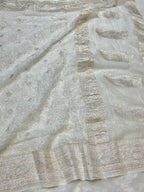 Milky White 100% Pure Khaddi Georgette Silver Zari ChikanKari Handloom Saree