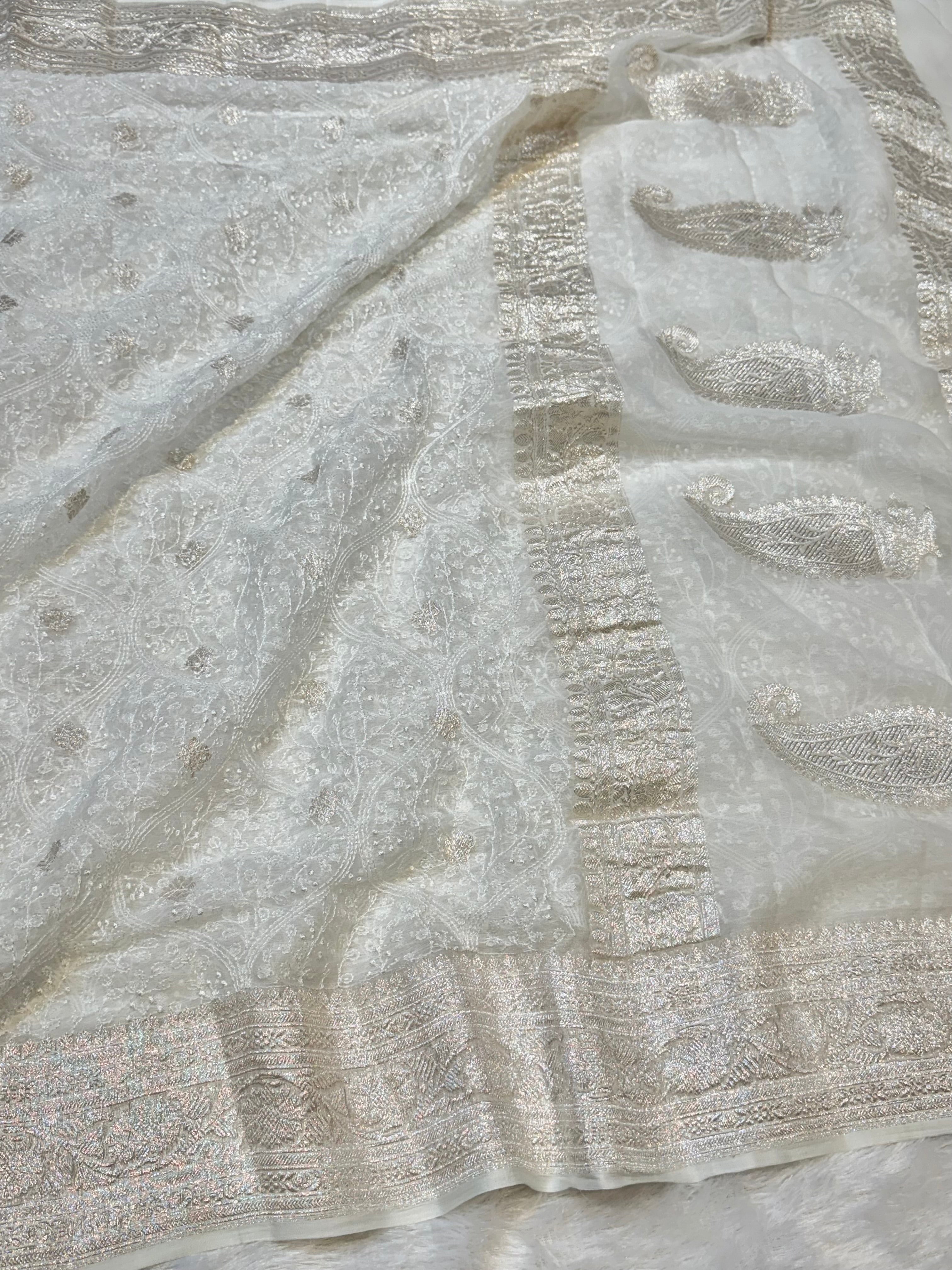 Milky White 100% Pure Khaddi Georgette Silver Zari ChikanKari Handloom Saree