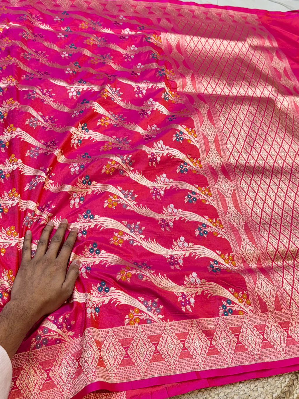 Dual shade Pink+Orange 100% Pure Banarasi Katan Silk Meenakari Saree