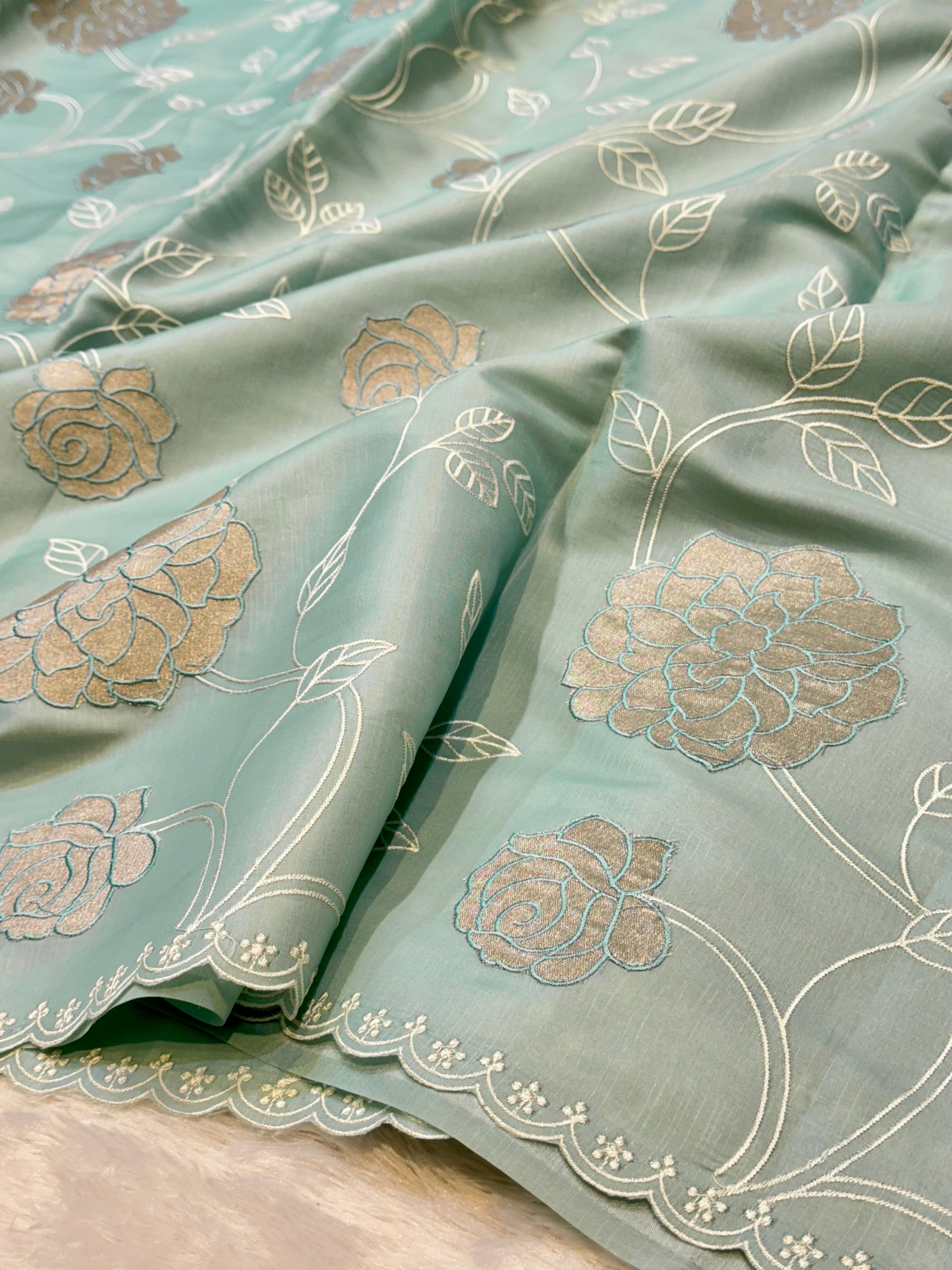 Sea Green Mango Silk Partywear Banarasi Embroidered Jaal with Tissue Applique Lightweight Sarees