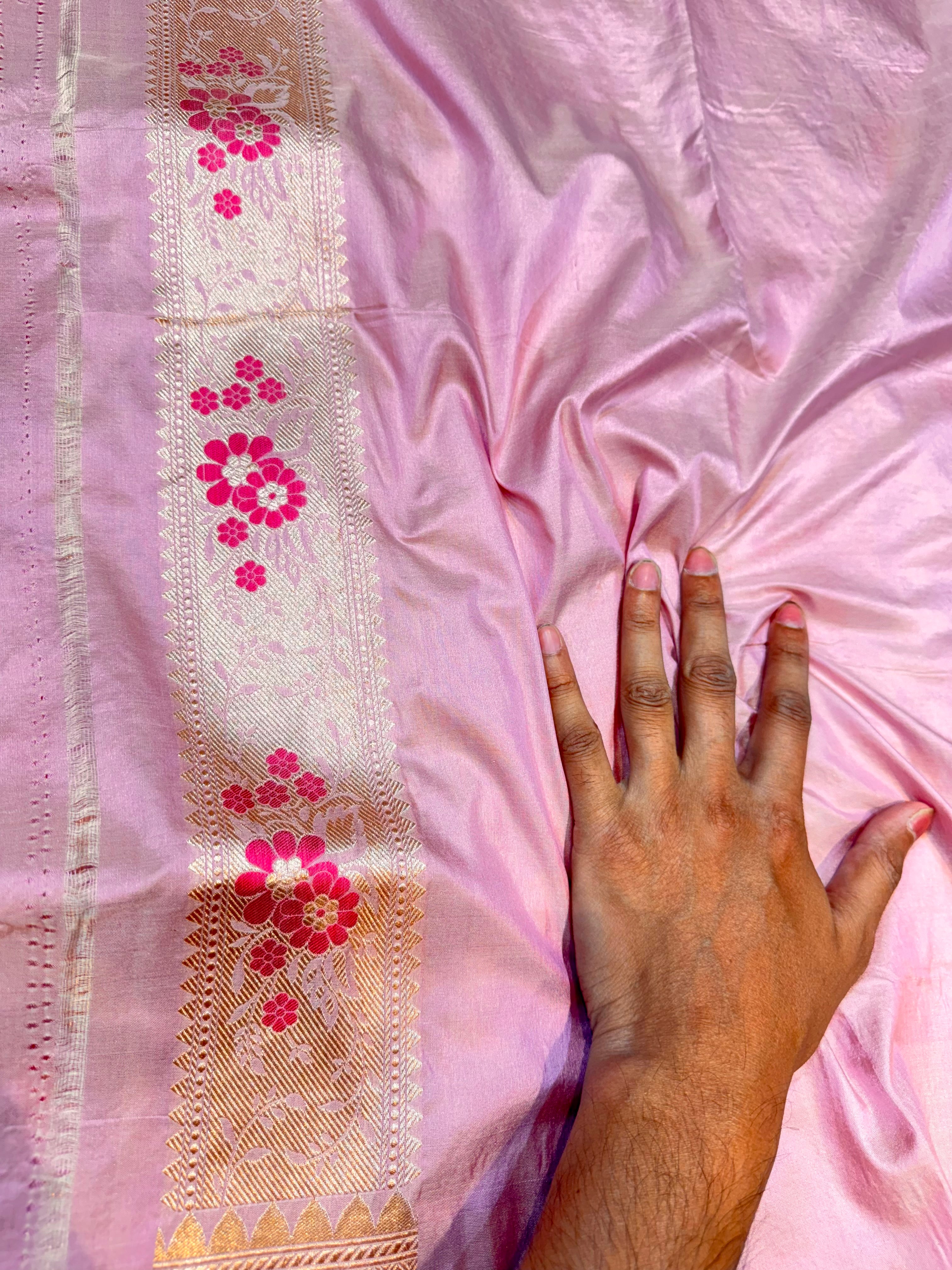 Pastel Pink 100% Pure Banarasi Katan Silk Meenakari Saree