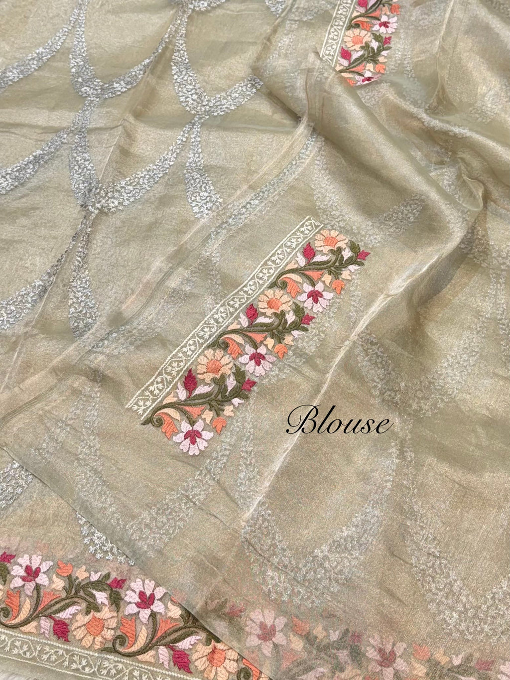 Watery Silver 100% Pure Handloom Tissue Silk Partywear Banarasi Embroidery Lightweight Saree