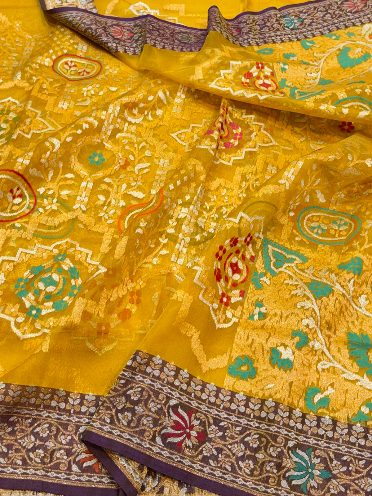 Sunflower Yellow Pure Banarasi Ektara Kora Jamdani Saree