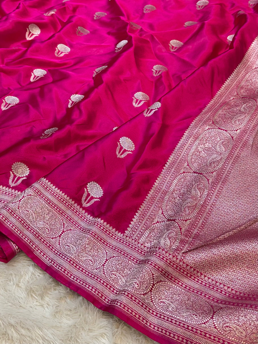 Rani Pink Banarasi Soft Meenakari Mashru Silk Partywear Saree