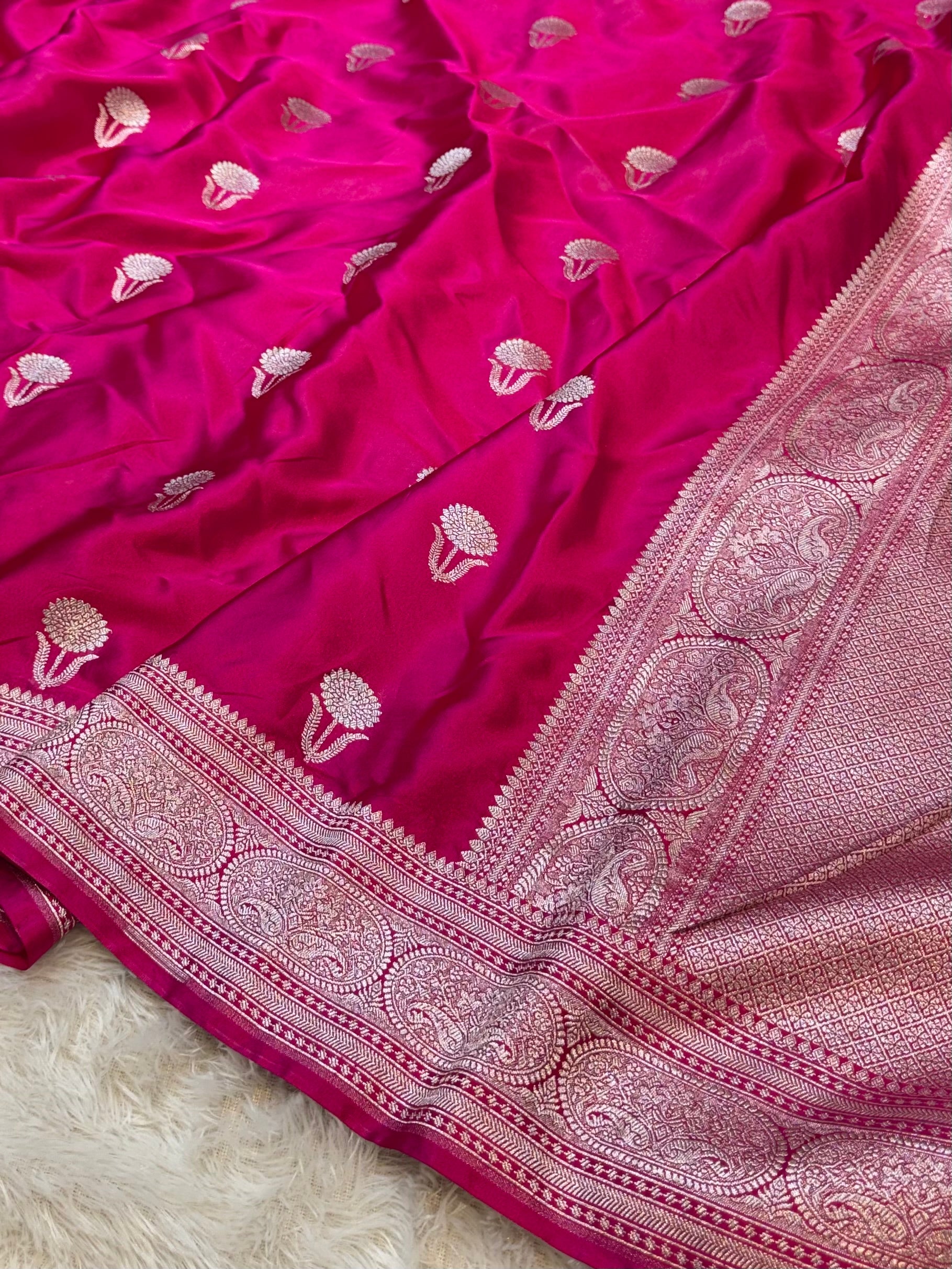 Rani Pink Banarasi Soft Meenakari Mashru Silk Partywear Saree