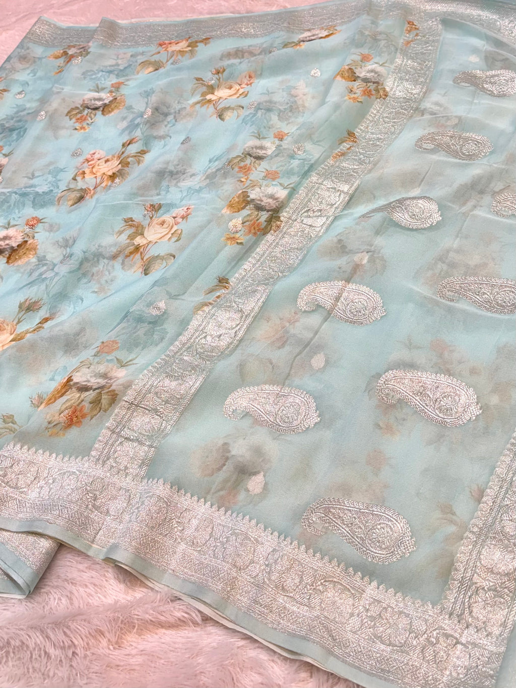 Light Blue 100% Pure Khaddi Georgette Silver Zari Digital Print Handloom Saree